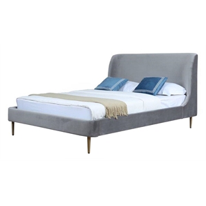Manhattan Comfort Heather Velvet Queen Size Bed Frame in Gray/Gold