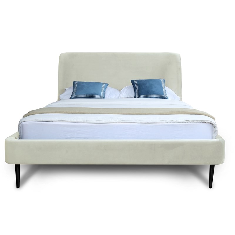 Manhattan Comfort Heather Velvet Queen Size Bed Frame in Cream/Gold