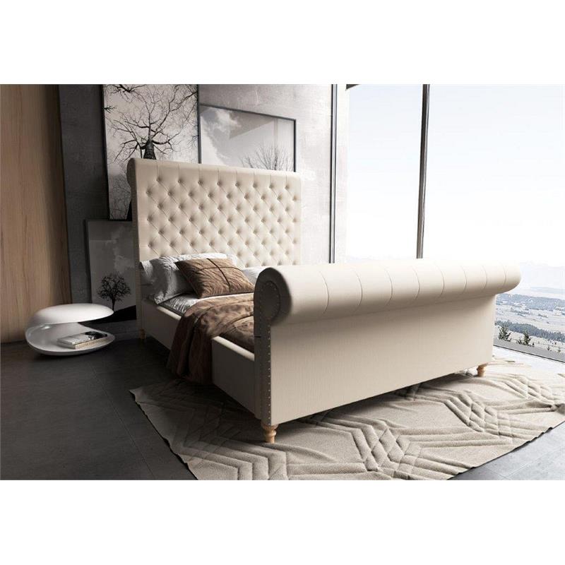 Manhattan Comfort Empire Fabric Upholstered Full Bed Frame in Cream