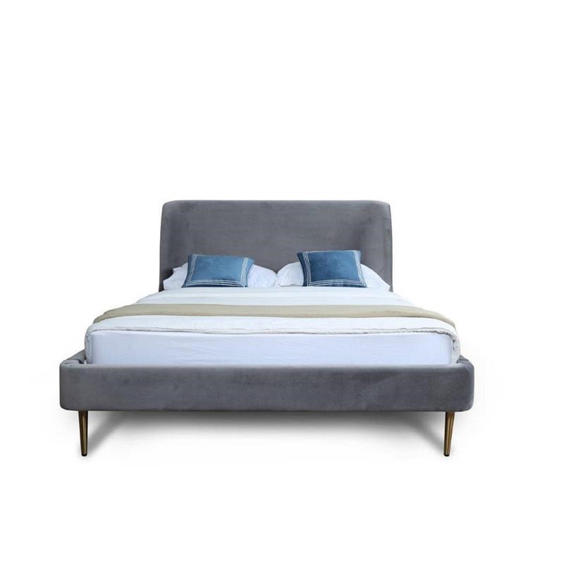 Manhattan Comfort Heather Velvet Full Size Bed Frame in Gray/Gold