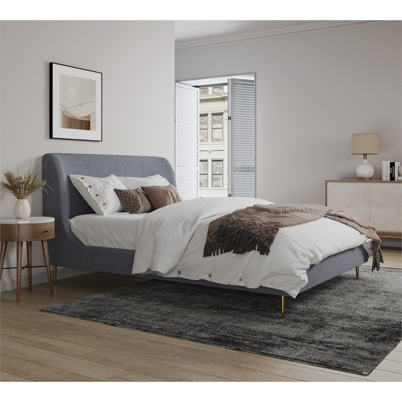 Manhattan Comfort Heather Velvet Full Size Bed Frame in Gray/Gold