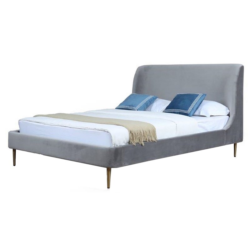 Manhattan Comfort Heather Velvet Full Size Bed Frame in Gray/Gold