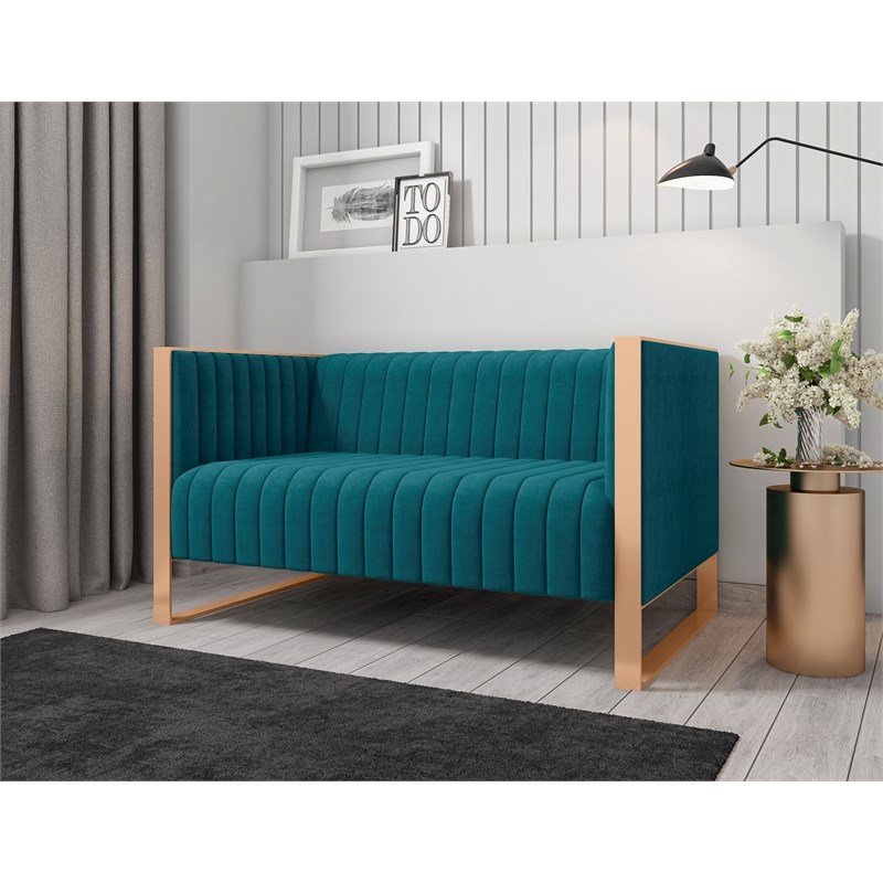 Manhattan Comfort Trillium Velvet Upholstery Loveseat in Aqua Blue