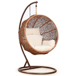 Manhattan Comfort Zolo Rattan & Fabric Hanging Lounge Egg Patio in Brown/Cream