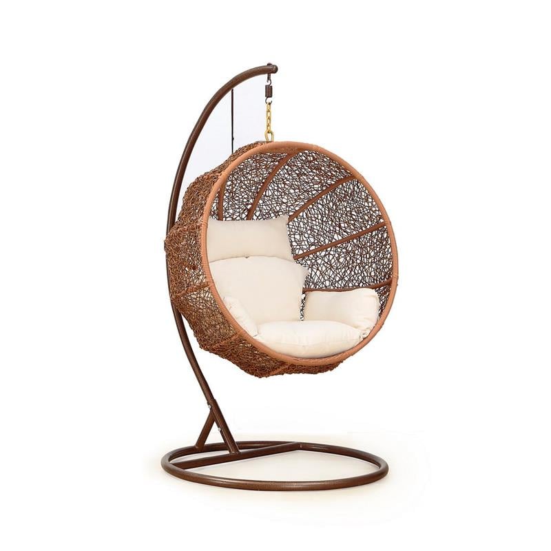 Manhattan Comfort Zolo Rattan & Fabric Hanging Lounge Egg Patio in Brown/Cream
