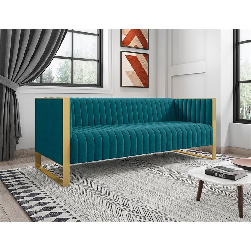 Manhattan Comfort Vector 3-Seat Velvet Upholstered Sofa in Aqua Blue