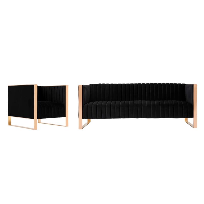 Manhattan Comfort Trillium 2-Piece Velvet Sofa & Armchair Set in Black