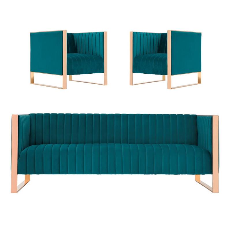 Manhattan Comfort Trillium 3-Piece Velvet Sofa & Armchair Set in Teal Blue
