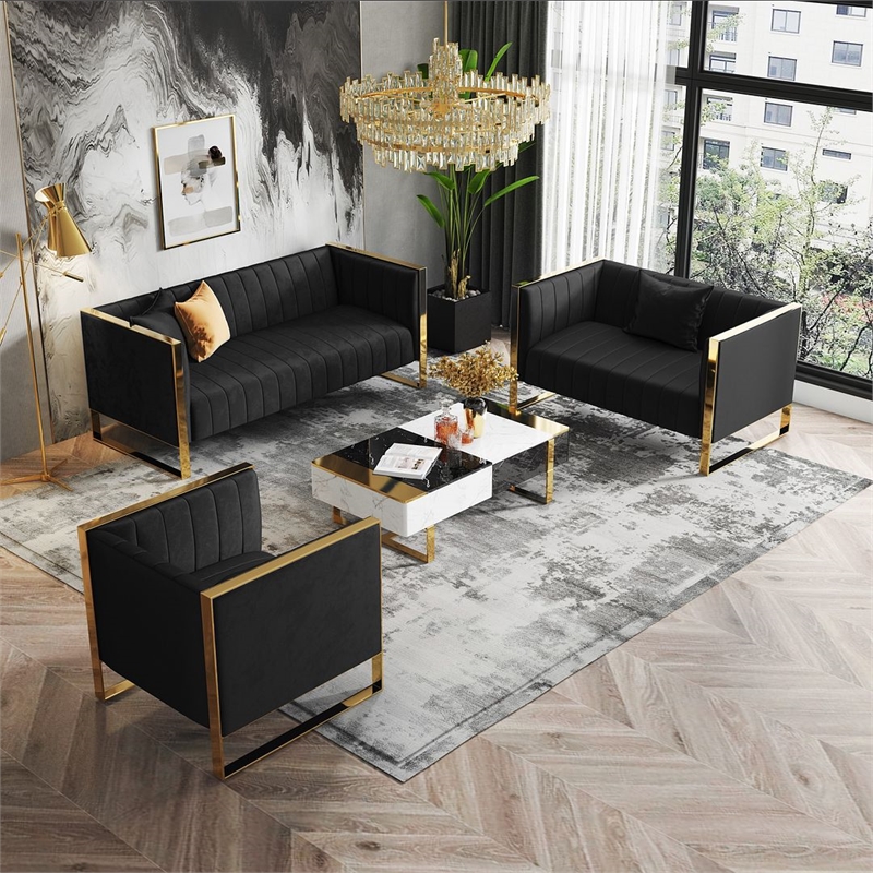 Manhattan Comfort Trillium 3-Piece Velvet Sofa & Armchair Set in Black