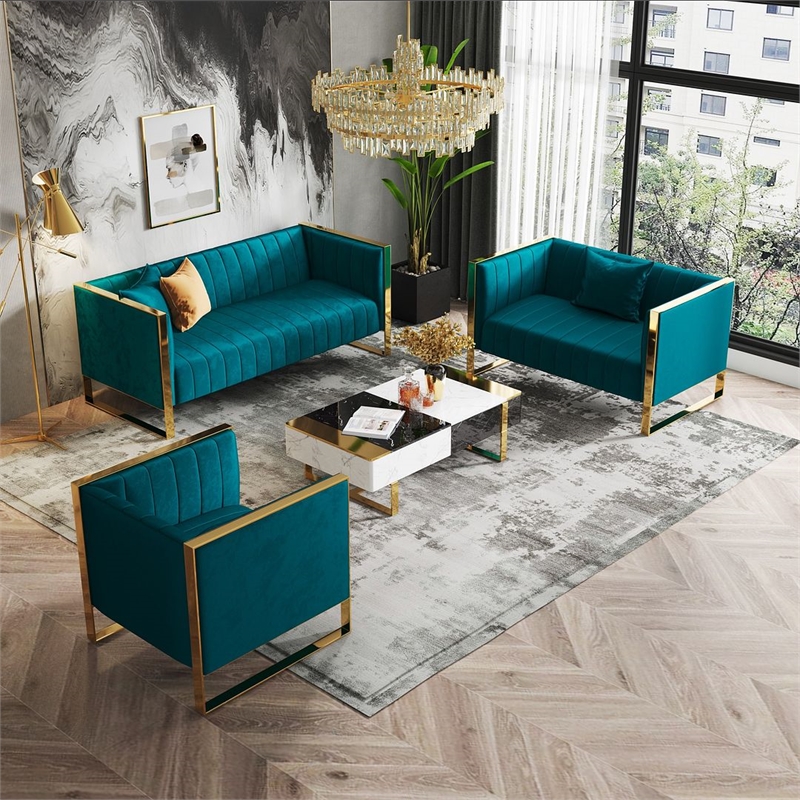 Manhattan Comfort Trillium 3-Piece Velvet Sofa Set in Teal Blue/Rose Gold