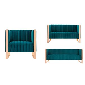Manhattan Comfort Trillium 3-Piece Velvet Sofa Set in Teal Blue/Rose Gold