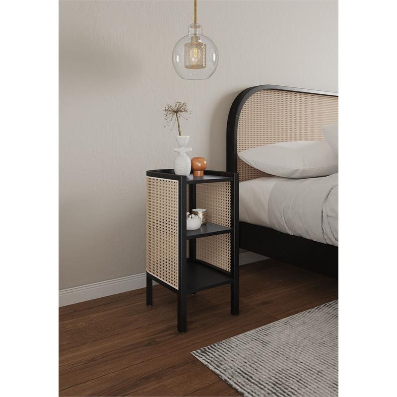 Manhattan Comfort Versailles 2-Shelf Wood Rattan End Table in Black