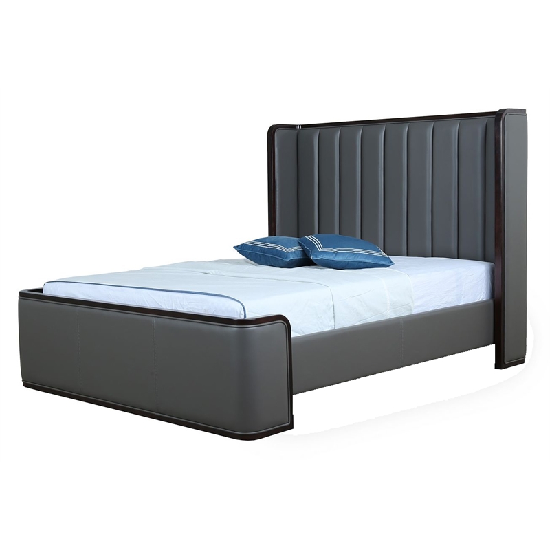 Manhattan Comfort Kingdom Faux Leather Queen Size Bed Frame in Gray