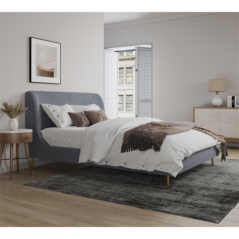 Manhattan Comfort Heather Velvet Queen Bed Frame in Gray/Black