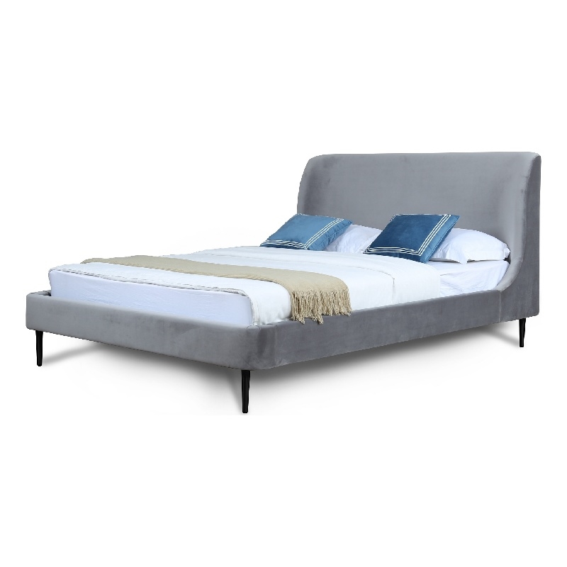 Manhattan Comfort Heather Velvet Queen Bed Frame in Gray/Black