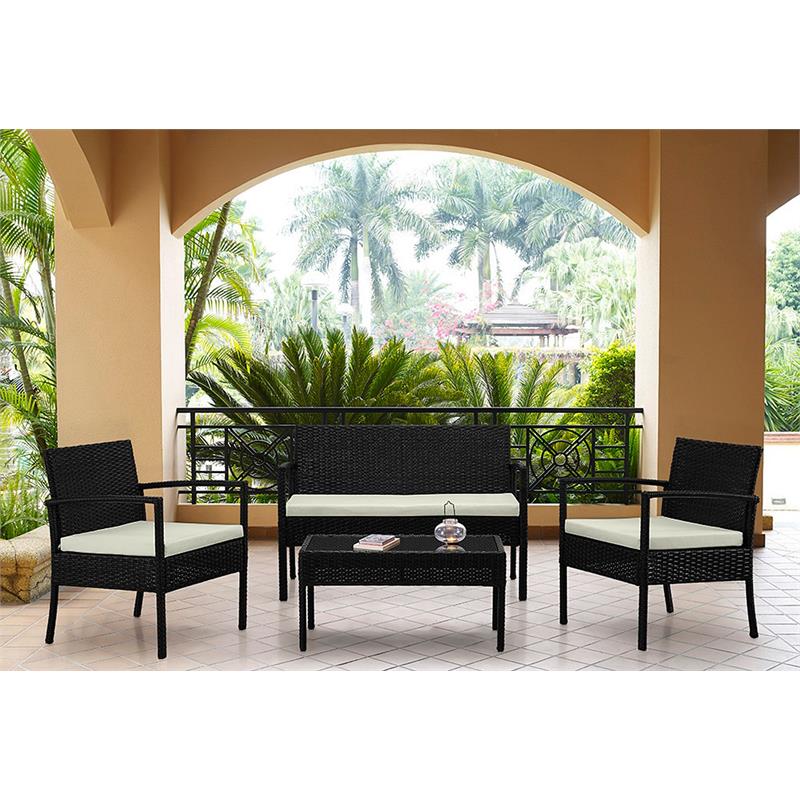 Manhattan Comfort Noli 4-Piece Rattan Patio Conversation Set in Gray/Cream