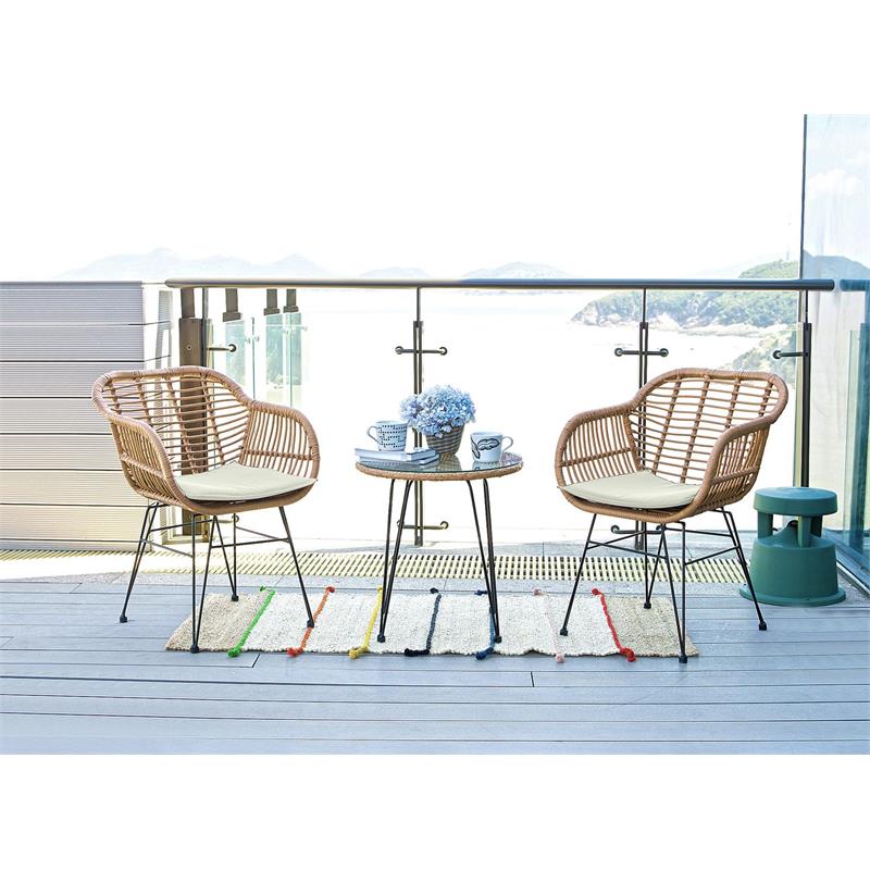 Manhattan Comfort Antibes 3-Piece Rattan Patio Conversation Set in Brown/Cream