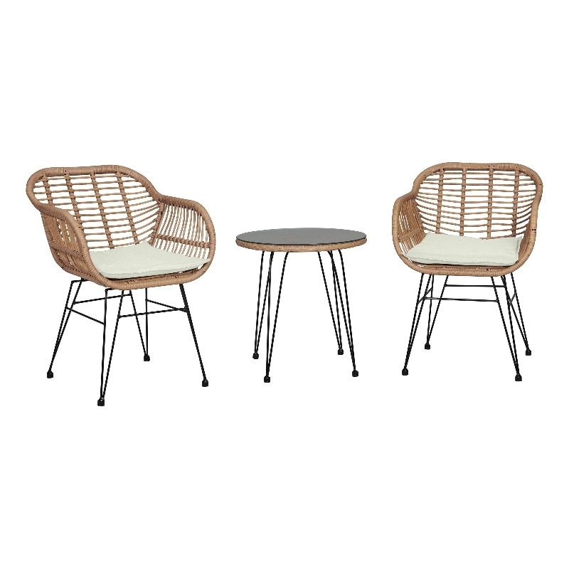 Manhattan Comfort Antibes 3-Piece Rattan Patio Conversation Set in Brown/Cream