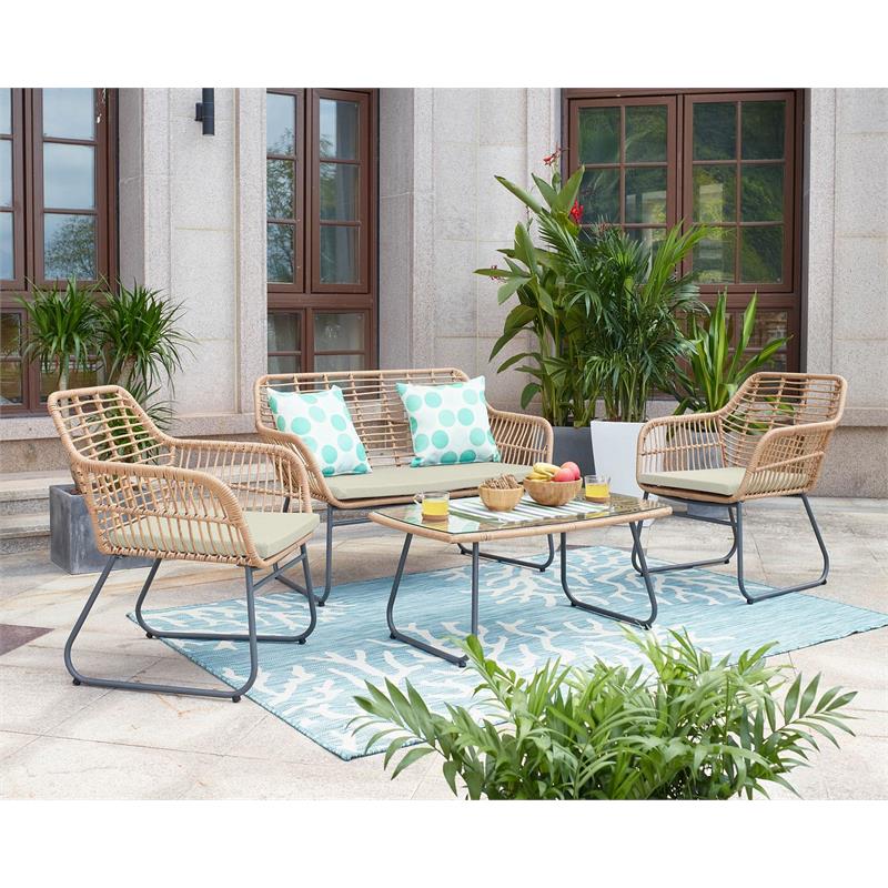 Manhattan Comfort Antibes 4-Piece Rattan Patio Conversation Set in Cream