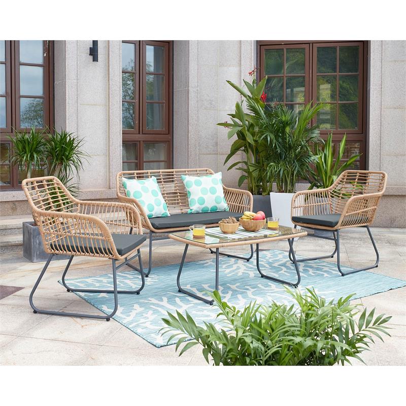 Manhattan Comfort Antibes 4-Piece Rattan Patio Conversation Set in Gray