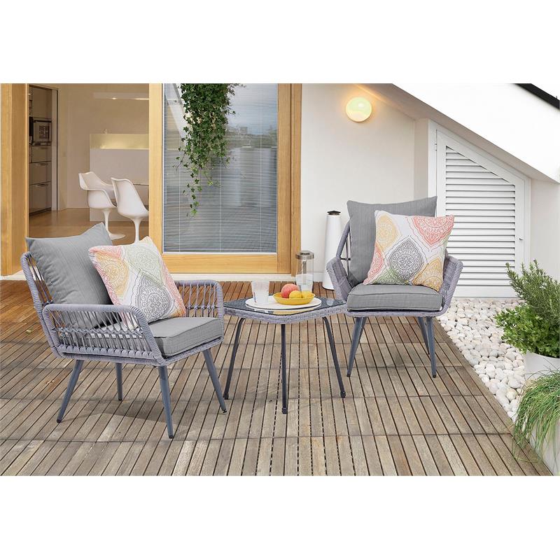 Manhattan Comfort Cannes 3-Piece Rattan Patio Conversation Set in Gray