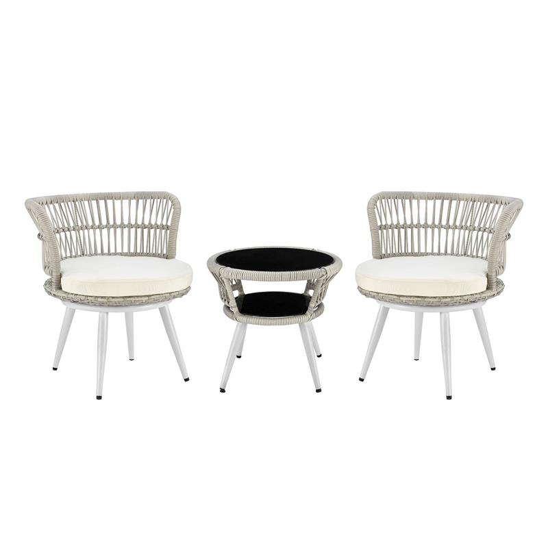 Manhattan Comfort Monaco 3-Piece Rattan Patio Conversation Set in Gray/Cream