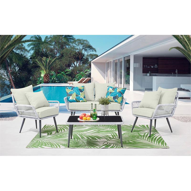 Manhattan Comfort Portofino 4-Piece Rattan Patio Conversation Set in Cream
