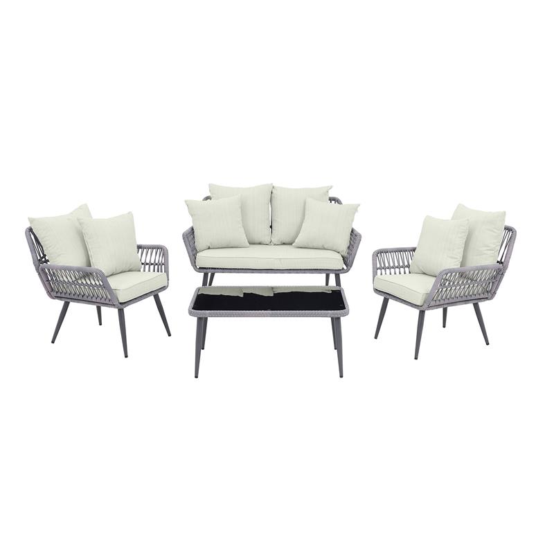 Manhattan Comfort Portofino 4-Piece Rattan Patio Conversation Set in Cream