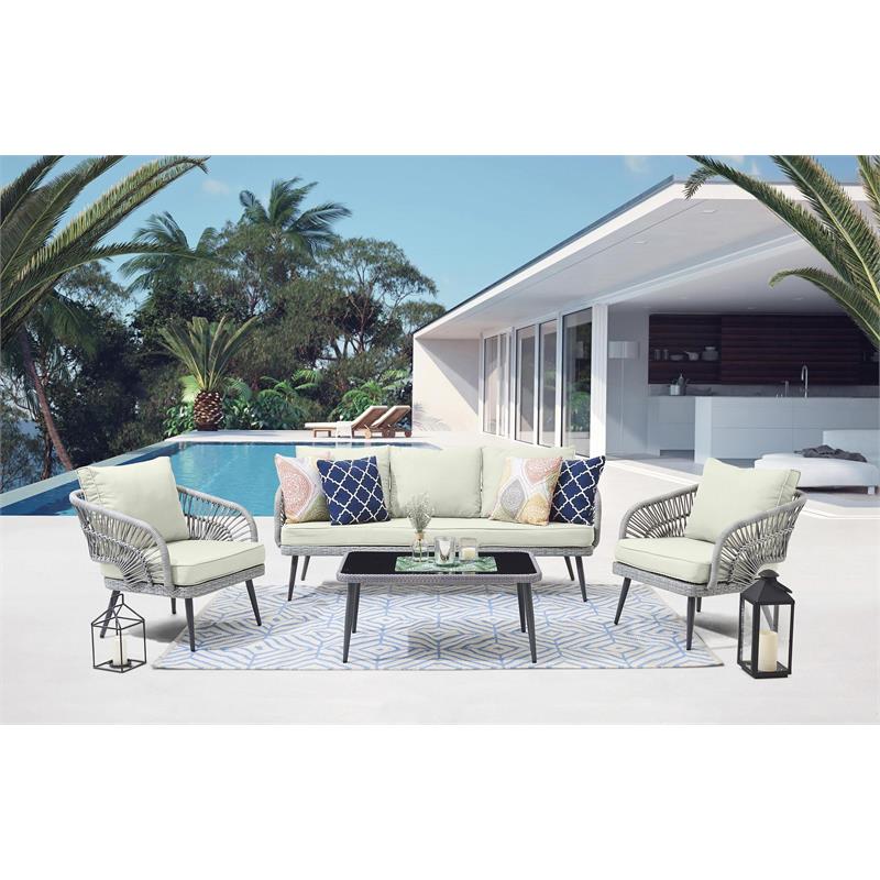 Manhattan Comfort Riviera 4-Piece 5-Seat Rattan Patio Conversation Set in Cream
