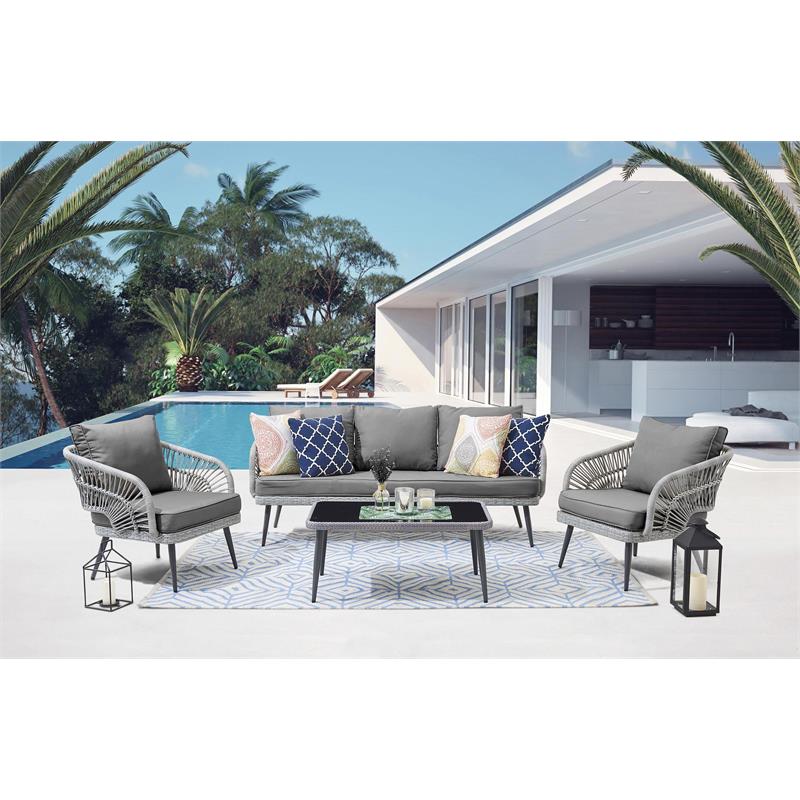 Manhattan Comfort Riviera 4-Piece 5-Seat Rattan Patio Conversation Set in Gray