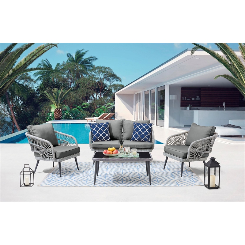 Manhattan Comfort Riviera 4-Piece 4-Seat Rattan Patio Conversation Set in Gray
