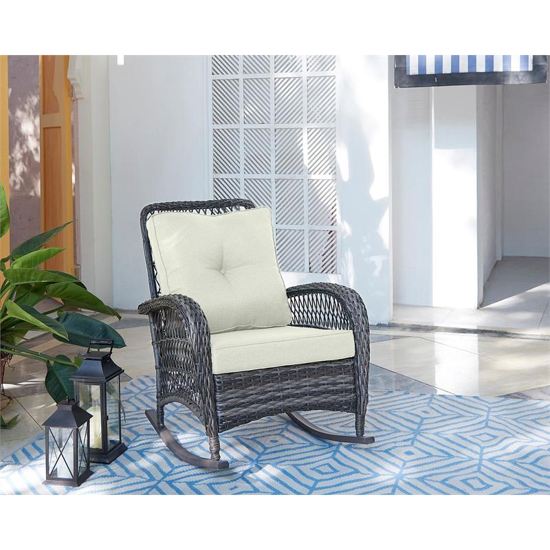 Manhattan Comfort Furttuo Rattan Outdoor Rocking Chair with Cushion - Gray/Cream