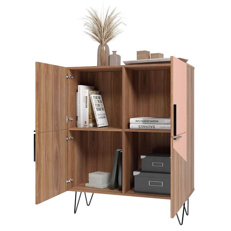 Manhattan Comfort Beekman 4 Shelves Engineered Wood Low Cabinet in Brown/Pink