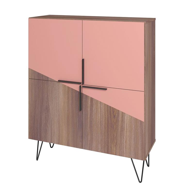 Manhattan Comfort Beekman 4 Shelves Engineered Wood Low Cabinet in Brown/Pink