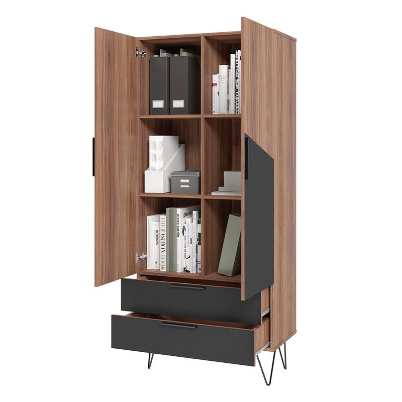 Manhattan Comfort Beekman 6 Shelves Engineered Wood Tall Cabinet in Brown/Black