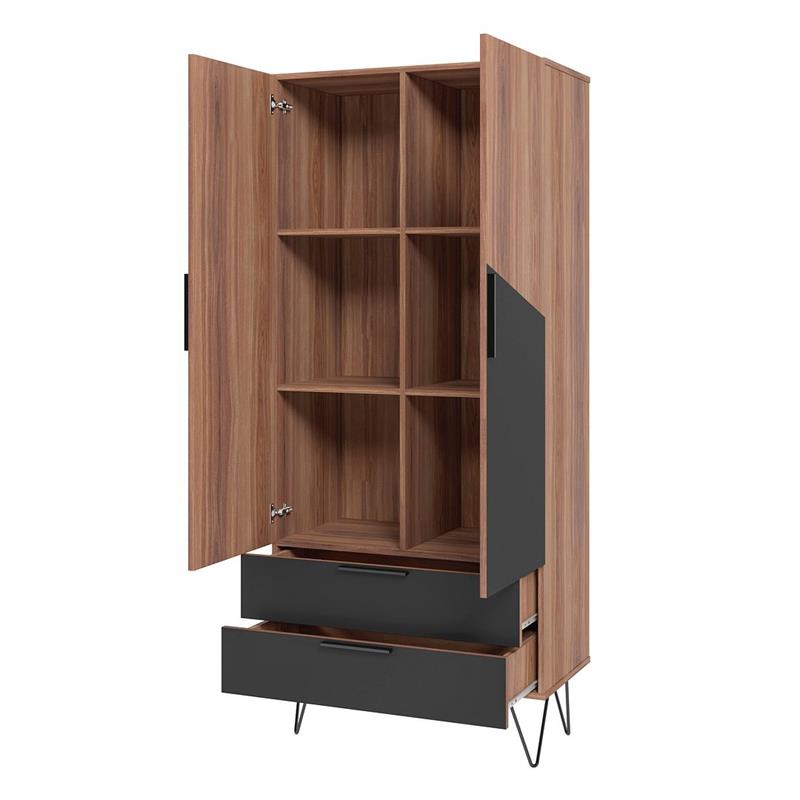 Manhattan Comfort Beekman 6 Shelves Engineered Wood Tall Cabinet in Brown/Black
