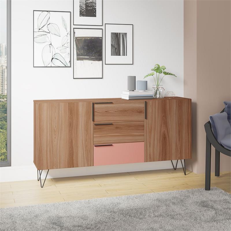 Manhattan Comfort Beekman 4 Shelves Engineered Wood Sideboard in Brown/Pink