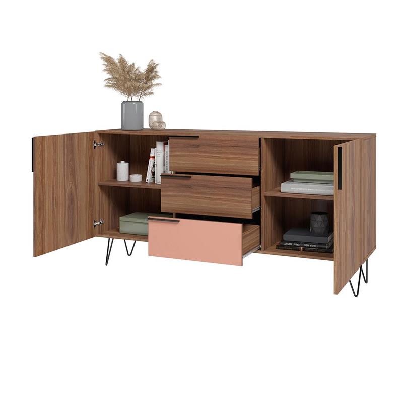 Manhattan Comfort Beekman 4 Shelves Engineered Wood Sideboard in Brown/Pink