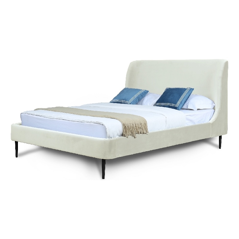 Manhattan Comfort Heather Velvet Queen Bed Frame in Cream/Black