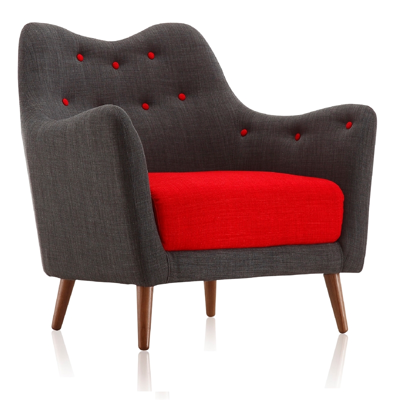 Poet Modern Linen Upholstered Accent Chair Tufted Buttons Light Charcoal Red