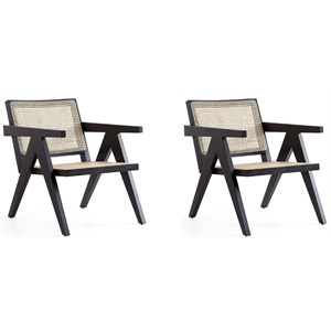 hamlet mid century modern wood accent chair in black  natural cane  set of 2