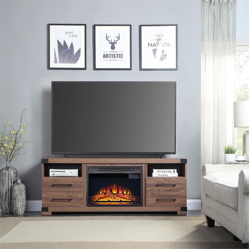 Manhattan Comfort Richmond 2 Shelves Engineered Wood Sleek Fireplace in Brown