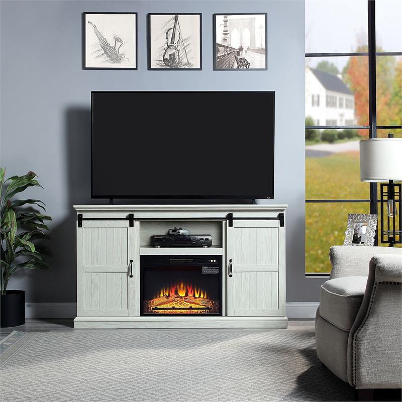 Manhattan Comfort Myrtle Wood Fireplace with Media Wire Management in Cream