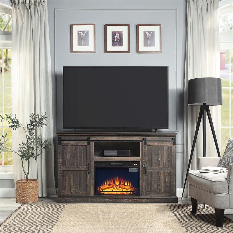 Manhattan Comfort Myrtle Wood Fireplace with Media Wire Management in Brown