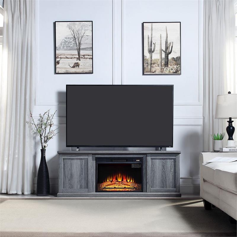 Manhattan Comfort Franklin 2 Sliding Door Wood Fireplace TV Stand in Gray