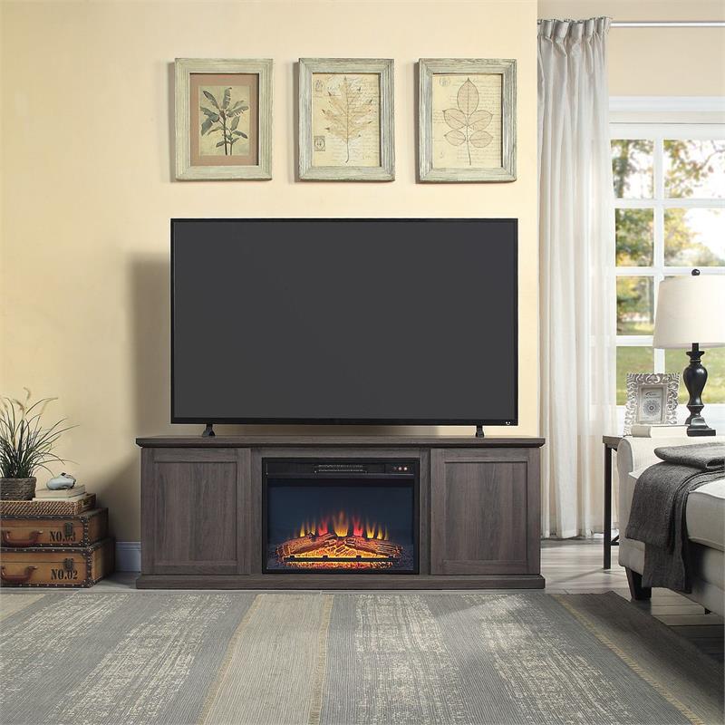 Manhattan Comfort Franklin 2 Sliding Door Wood Fireplace TV Stand in Brown