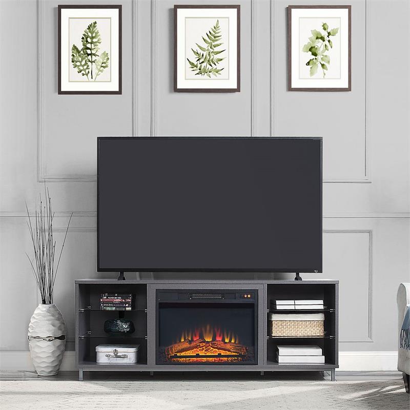 Manhattan Comfort Brighton Wood Fireplace with Media Wire Management in Gray