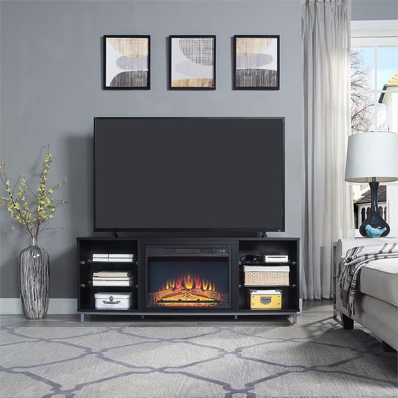 Manhattan Comfort Brighton Wood Fireplace with Media Wire Management in Black