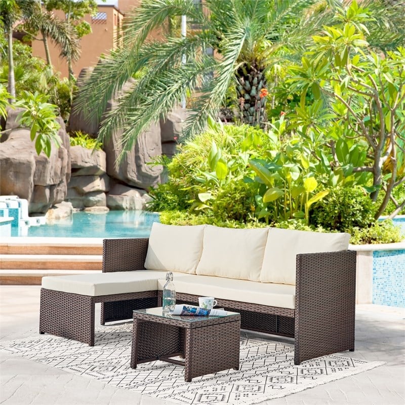Manhattan Comfort Riviera 4-Seat Rattan Patio Conversation Set in Cream/Gray