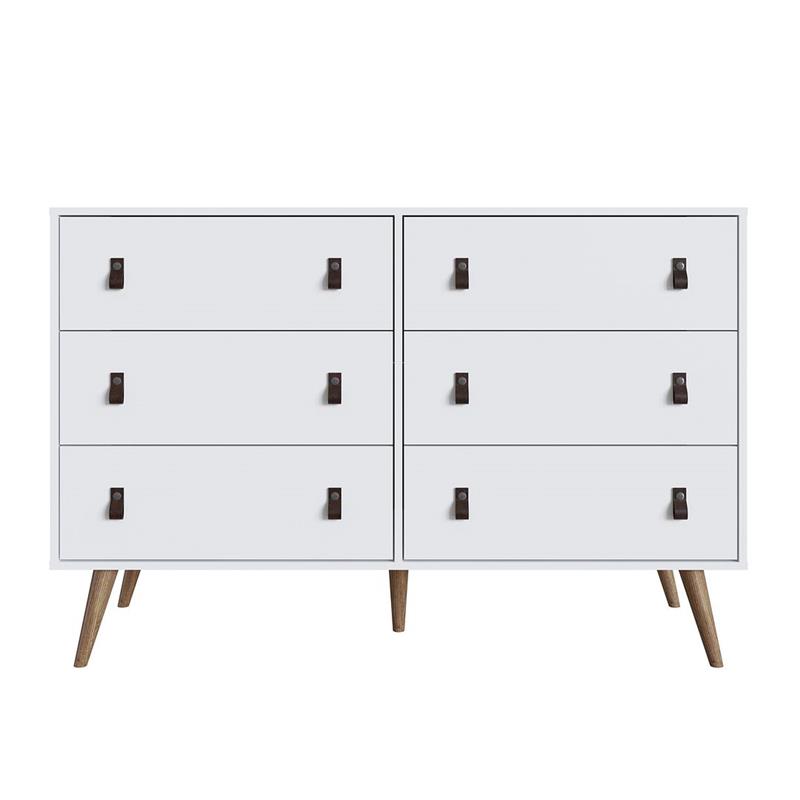Manhattan Comfort Amber Double Dresser with Faux Leather Handles in White